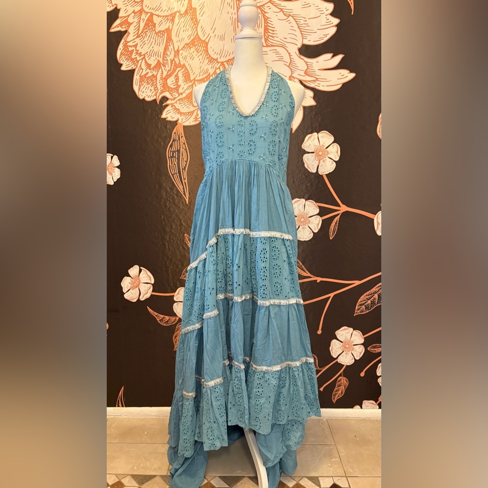 NWOT Papa Pia Blue Eyelet Maxi Dress with Eyelet Detail & Metallic Silver Trim
